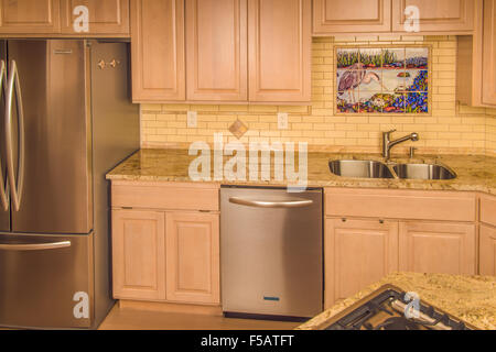 Renovierte Küche mit Granit-Arbeitsplatte und Fliesen backsplash Stockfoto