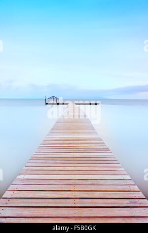 Holzmole in eine kalte Atmosphäre. Eine lange Belichtung Fotografie genommen im Herbst in ein Strand der toskanischen Küste. Stockfoto