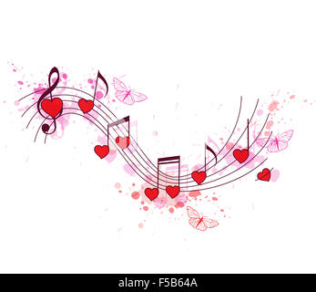 Romantische Hintergrundmusik mit Noten und rote Herzen Stockfoto