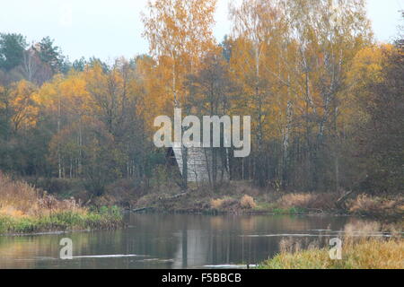 hellen Herbstwald am Flussufer und Holzhütte verstecken sich in Stockfoto