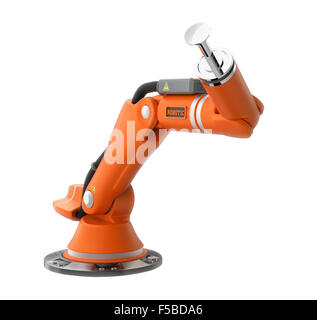 Orange Roboterarm isoliert auf weißem Hintergrund. Original-Design. Stockfoto