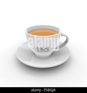 weiße Tasse mit Untertasse mit Tee geschrieben auf der Seite und mit Tee mit Milch auf weißem Hintergrund Stockfoto