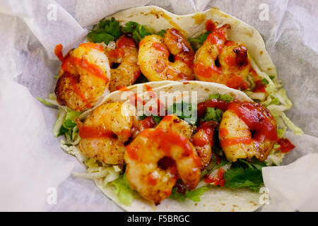 Garbo es Grill Essen Cart / Yum Yum Garnelen in Mehltortillas, Mango Ginger Habanero glasierte Garnelen / Key West Florida USA Stockfoto