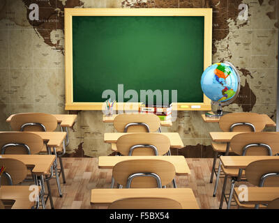 Leere Klassenzimmer mit Schulbänke, Stühle und Tafel. 3D Stockfoto