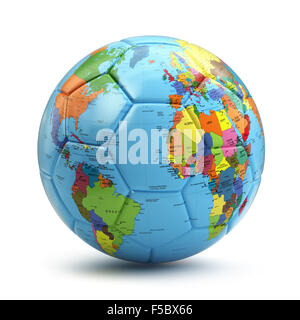 World Cup-Konzept. Fußball oder Fußball Ball mit Weltkarte. 3D Stockfoto