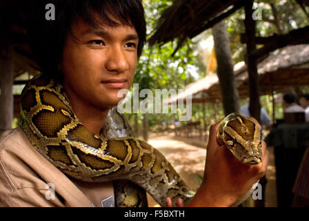 Ein Tourist nimmt Bilder mit einer Boa-Schlange in Turtle Island (Con Qui). Mekong-Delta, Vietnam. Stockfoto