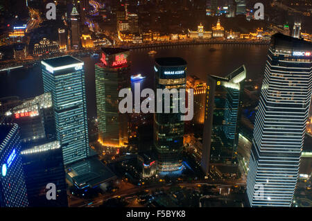 Aussicht von der World Finance Tower, Shanghai, ChinaCityscape, Blick auf den Huangpu-Fluss, der Bund, Puxi, und finanzielle City, München Stockfoto