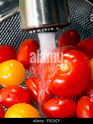 Waschen frische saftige Tomaten in der Spüle. Stockfoto