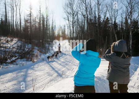 Zwei Frauen zu fotografieren ein Musher führt sein Team von husky Hunde einen verschneiten Hang hinunter während der jährlichen Wolf Track Classic Schlittenhunde-rac Stockfoto