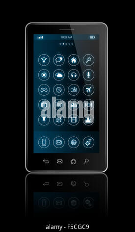 3D Smartphone mit apps Icons Interface - isoliert auf schwarz mit Beschneidungspfad Stockfoto