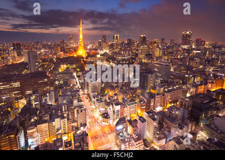 Die Skyline von Tokyo, Japan mit dem Tokyo Tower in der Dämmerung fotografiert.