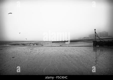 Ein nebeliger Morgen auf 11.01.2015 in Worthing Beach, Worthing. Bild von Julie Edwards. Anmerkung der Redaktion: Dieses Bild wurde auf Monochrome umgestellt. Stockfoto