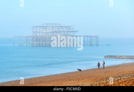 Brighton Sussex UK Montag, 2. November 2015 - Hund Spaziergänger am Strand von der West Pier, ist eingehüllt in Nebel auf Brighton Seafront früh am Morgen der Nebel schwere verursacht, Reisen Störung in ganz Großbritannien heute Vormittag vor allem an den großen Flughäfen und auf den wichtigsten Straßen Credit: Simon Dack/Alamy Live News Stockfoto