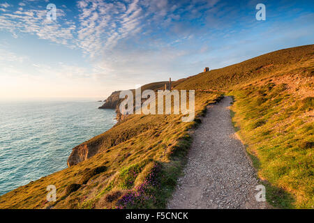 Abendlicht auf dem South West Coast Path bei Wheal Coates in der Nähe von St. Agnes in Cornwall Stockfoto