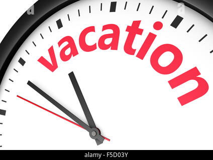 Zeit für Urlaub Lifestyle Konzeptbild mit einem Wand-Uhr und Urlaub-Text in rot gedruckt. Stockfoto