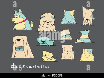 Hunde-Variation doodle Pastellfarben auf dunklen grauen Hintergrund Stock Vektor