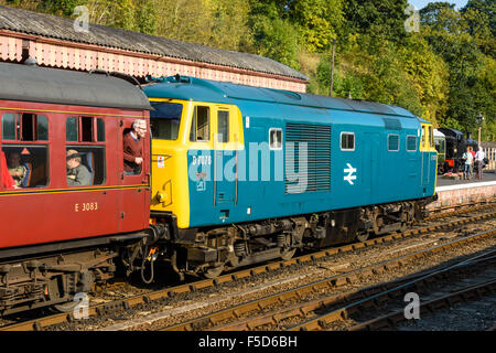 Klasse 35 Hymek D7076 Ankunft in Bewdley Station am Severn Valley Railway Stockfoto