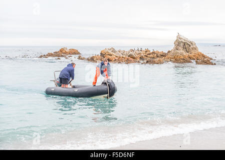 DOORNBAAI, Südafrika, 12. August 2015: ein Schlauchboot mit zwei Matrosen Strandung am Doornbaai Hafen Stockfoto