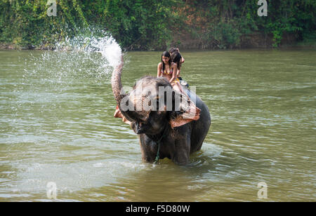 Elefant Spritzen Touristen, Provinz Kanchanaburi, Zentral-Thailand, Thailand Stockfoto