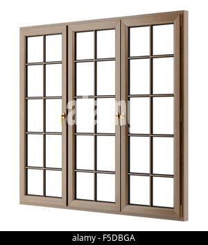 braune Holzfenster isoliert auf weißem Hintergrund Stockfoto