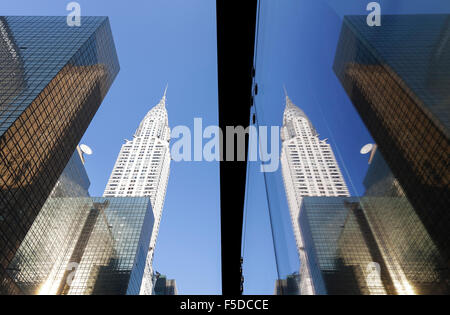 Manhattan Wolkenkratzer spiegelt sich in Windows bei Sonnenuntergang, NYC, USA. Stockfoto