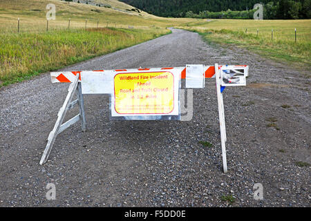 Ein Zeichen blockieren eine Forststraße durch einen Waldbrand in der Nähe von Skigebiet Bridger Bowl, Bozeman, Montana Stockfoto