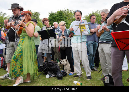 Menschen spielen Ukulelen an den grossen Busk, Teil der Ukulele Festival von Großbritannien in Cheltenham, Gloucestershire, Vereinigtes Königreich Stockfoto