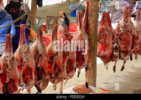 Lämmer Körper hängen von Metallhaken aufgereiht an einem Seil in einen Lebensmittelmarkt in der 3840 ms.high Shigatse Stadt-Grafschaft-Pref. Tibet. Stockfoto