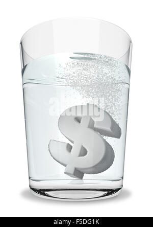 Dollar-Selters / 3D Render Dollarsymbol zischt in Glas Wasser Stockfoto