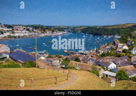 Fowey Fluss Cornwall aus Polruan England in der Nähe von St Austell mit Booten auf sonnigen Tag Illustration wie Ölgemälde Stockfoto