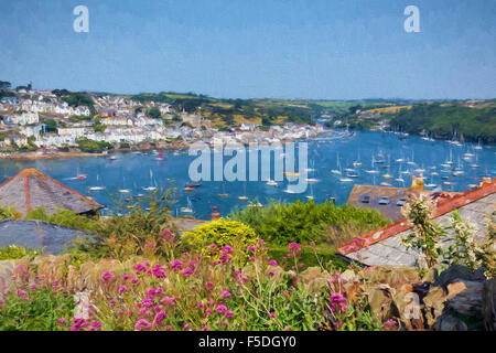 Fowey Fluss Cornwall aus Polruan England in der Nähe von St Austell mit Booten und rosa Blüten Illustration wie Ölgemälde Stockfoto