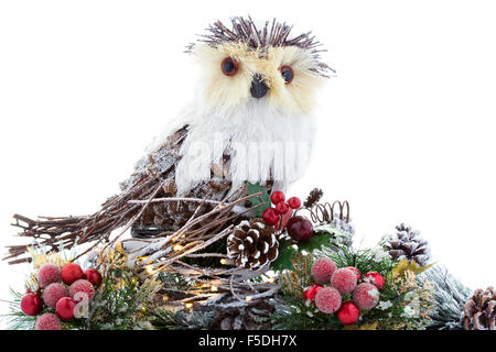 Christmas Ornament Weise Eule Nest Baum Lichter Vintage rustikal Stockfoto
