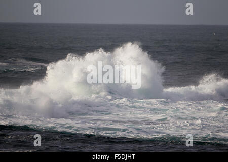 Atlantik Surf brechen auf Cowlee Felsen Sennen Cove, Cornwall, Vereinigtes Königreich Stockfoto