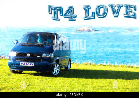 VW T4 Surf Wagen van Crantock Newquay Cornwall UK blaue Farbe Stockfoto
