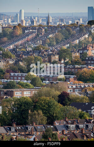 Blick über die Londoner Stadtteile Hornsey und Crouch End auf die Hochhäuser von Bogen und Pappel. Stockfoto