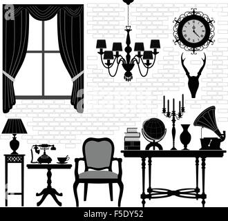 Alten Großvater Zimmer Antik Retro Wohnzimmer Möbel Stock Vektor