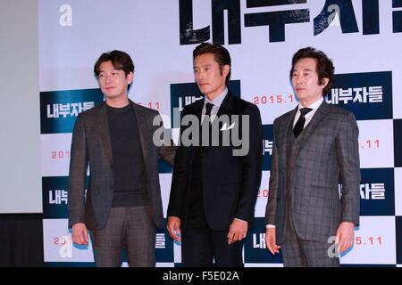 Seoul, Südkorea. 2. November 2015. Byung-Hun Lee, Seung-woo Cho und Yun-Shik Baek für ihren neuen Film Inside Man in Seoul, Südkorea am 2. November 2015 fördern. Credit: Foto oben Corporation/Alamy Live-Nachrichten Stockfoto