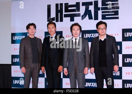 Seoul, Südkorea. 2. November 2015. Byung-Hun Lee, Seung-woo Cho und Yun-Shik Baek für ihren neuen Film Inside Man in Seoul, Südkorea am 2. November 2015 fördern. Credit: Foto oben Corporation/Alamy Live-Nachrichten Stockfoto