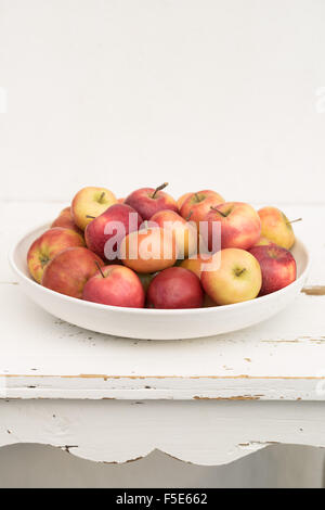 Kleine dänische Äpfel in eine große Schüssel weiß Stockfoto