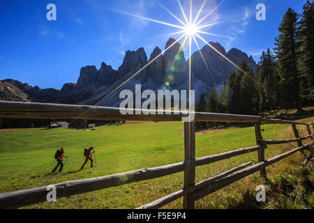 Wanderer gehen von Glatsch Alm mit Geisler im Hintergrund, Villnösser Tal, Dolomiten, Südtirol, Trentino-Alto Adige, Italien Stockfoto