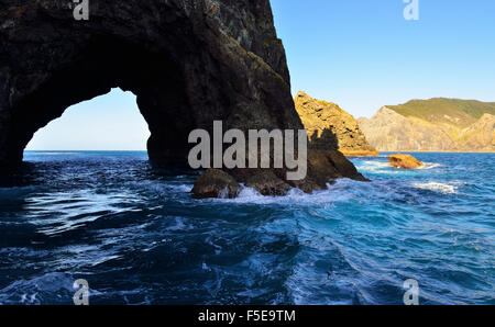 Loch In den Felsen, wo Touristenboote Touristen durch den Spalt, äußeren nehmen, Inseln Bucht der Inseln Northland Neuseeland Stockfoto