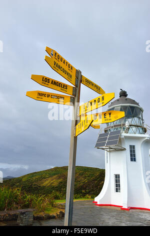 Wegweiser zu weit entfernten Orten am Leuchtturm von Cape Reinga, Cape Reinga. TE Rerenga Wairua in Māori, Nordinsel Neuseeland Stockfoto