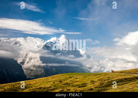 Blick auf Mount Eiger von First, Grindelwald, Berner Oberland, Kanton Bern, Schweizer Alpen, Schweiz, Europa Stockfoto