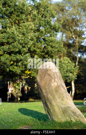 Wollen Baum erblickte zwischen zwei kleine Menhire von neun Damen Stone Circle, Stanton Moor, Derbyshire, UK Stockfoto