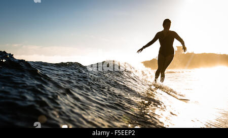 Frau Surfen bei Sonnenuntergang, Malibu, Kalifornien, USA Stockfoto
