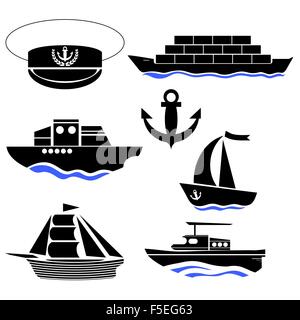Meer Schiffe Silhouetten. Ankersymbol. Kapitän-Hut-Symbol Stock Vektor