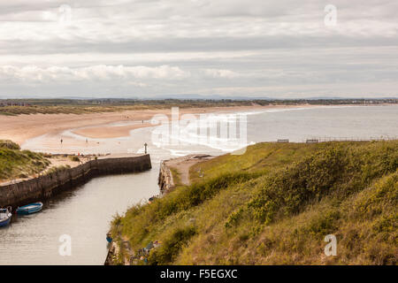 Bedeckter Tag mit Blick auf Hafeneinfahrt Seaton Schleuse und Blyth sandigen Strand mit Hund Wanderer und Besucher, Tyne and Wear, Vereinigtes Königreich Stockfoto