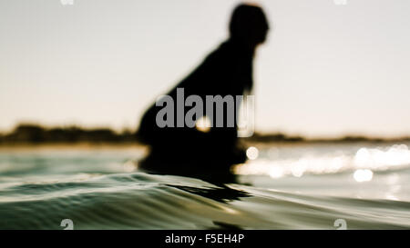 Silhouette einer Frau sitzt auf dem Surfbrett, Kalifornien, USA Stockfoto