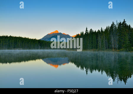 Der Bug-Bereich spiegelt sich in Herbert Lake in der Morgendämmerung, Banff Nationalpark, Alberta, Kanada Stockfoto