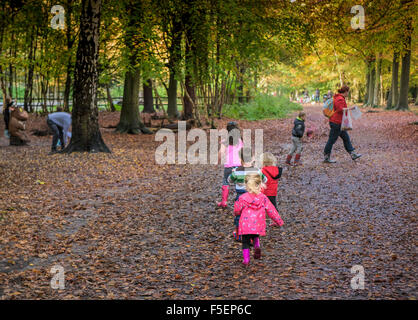 Kinder spielen in einem herbstlichen Wald in Essex, England, Vereinigtes Königreich. Stockfoto